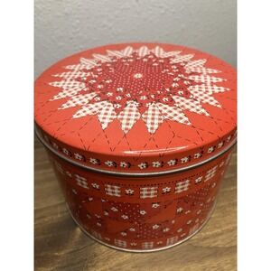 Vintage Red‎ Plaid Hallmark Metal Tin Container Bandana  USA 6" Diameter 4" Tall